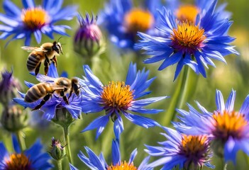  close-up view of bees delicately gathering nectar from vibrant cornflowers, their wings shimmering in the sunlight - obrazy, fototapety, plakaty