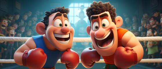 Exuberant 3D cartoon boxers in a friendly match - obrazy, fototapety, plakaty
