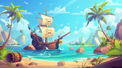 Poster The background for game animation features an island with a pirate ship and a treasure chest on the beach. Modern parallax background shows a cartoon sea landscape with a sailboat with skulls on the © Mark