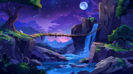 Rocky cliff with wooden bridge at night. Modern landscape cartoon with suspension road over chasm near waterfall. Precipice with dangerous walkway above river.
