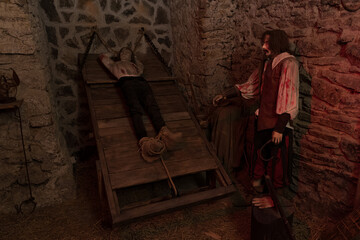 Executioner and victim figurine in the dungeon of the torture chamber.