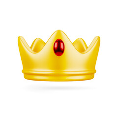 3D cute cartoon golden royal crown with red gemstone, isolated on white background. Element for Luxury, Win, Success or Power. Vector Illustration of 3D Render.