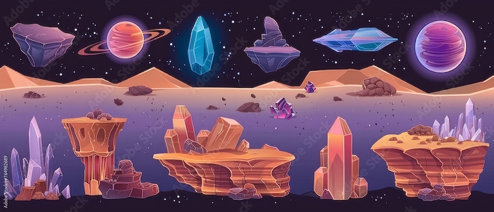 Poster the ground layers and assets of a space game are illustrated on a modern cartoon background with sea