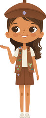Smiling African American girl scout wearing vest with badges isolated on white background. Female scouter, Brownie ligue Scout Girls troop - 764982606
