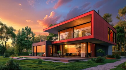 Perspective view of modern two-story house architecture at sunset with red outside walls, 3D...