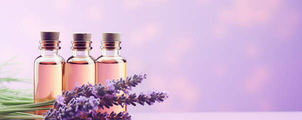 fresh lavender with Bottles of essential oil on a light wooden background, banner with copy space...