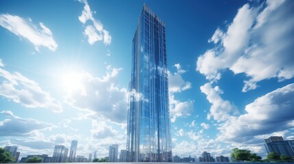 Photorealistic Tall building and behind it a beautiful and sky