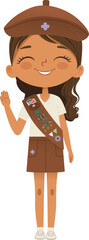 Smiling African American girl scout wearing sash with badges isolated on white background. Female scouter, Brownie ligue Scout Girls troops  - 764982833