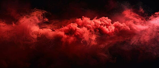 An abstract abstract illustration of red smoke overlaying a black background, accompanied by paint powder sprayed in the air, magic power, and spooky Halloween atmosphere design. - obrazy, fototapety, plakaty