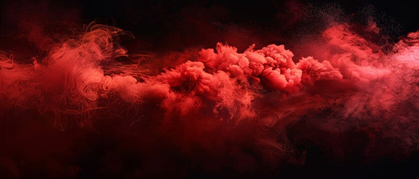 An abstract abstract illustration of red smoke overlaying a black background, accompanied by paint powder sprayed in the air, magic power, and spooky Halloween atmosphere design.