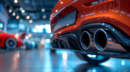 Sporting car's dual exhaust tip muffler pipe in up-close, with the dealership in the backdrop, space, car showroom on background. back of black car, Generative Ai  - obrazy, fototapety, plakaty