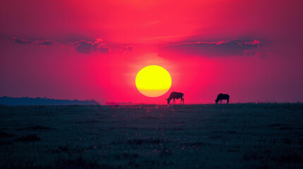 Two horses graze in a field with a large red sun in the background