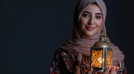 A beautiful young woman wearing a hijab holds an Arabic lantern, smiling and looking at the cam
