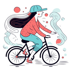 Vector illustration of a young woman riding a bicycle in the rain.