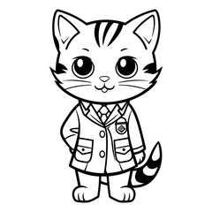 Black and White Cartoon Illustration of Cute Little Cat in Uniform