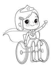 Caucasian KColoring Page of Super Hero Girl In A Wheelchair. Girl wearing costumes of superheroes Coloring book. Cartoon vector characters of Kids Superheroesids копия - 764983662