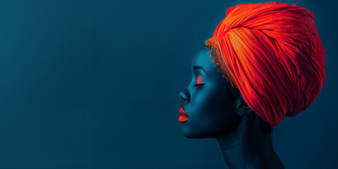 Profile of an African woman with a bright orange head wrap and makeup against a blue background.