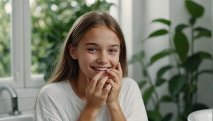Happy young beautiful Caucasian woman takes care of her facial skin.