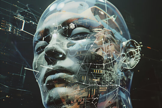 AI humanoid's head, with circuitry and data streams visible in the background, representing artificial intelligence and technology, digital circuitry and futuristic elements, data streams, advanced AI