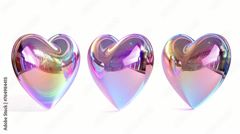 Aufkleber a set of 3d holographic hearts in a y2k style isolated on white background. the rendering is done of