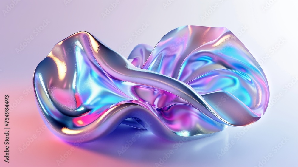 Poster abstract background 3d rendering with chrome iridescent abstract shape. fluid design element hologra