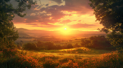 Naklejka na ściany i meble A beautiful sunset over a field of flowers