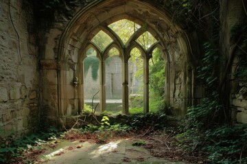 Fototapeta premium Eerie Abandoned castle. Empty hall room. Generate Ai