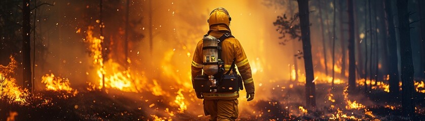 Brave Firefighter in Raging Forest Fire - obrazy, fototapety, plakaty