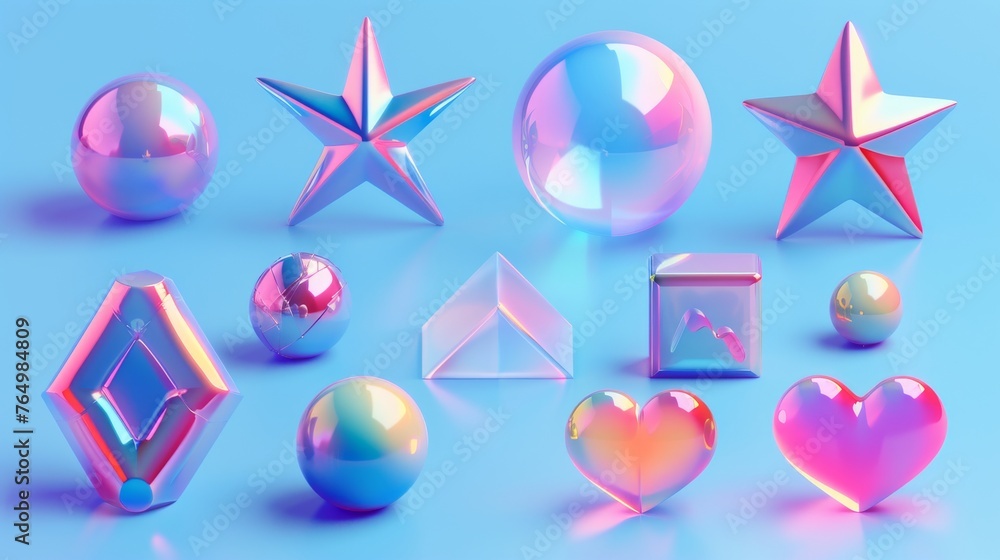 Poster geometric 3d render holographic shapes for for ui and ux. set of trendy retro futuristic geometric s