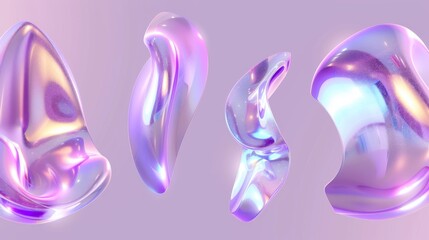 Y2K chrome holographic glossy element set. Abstract shape chrome metal render. Shiny purple holographic light. Modern illustration...