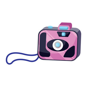 Classic 90s pink photo camera in modern style. Photography lens device of 00s. Photo Camera, optical photographic gadget of 2000s.Hand drawn vector on white background.