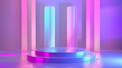 Modern illustration of hologram podium on holographic background. Fluid hologram cylinders and square platforms. Holographic abstract scene.