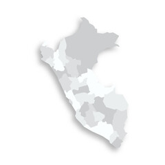 Peru political map of administrative divisions - departments. Grey blank flat vector map with dropped shadow.