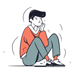 Sad young man sitting on the floor in sketch style