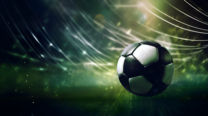 Soccer ball in net with spotlight and stadium lights,.Dynamic 3d Render Of Soccer Ball Scoring Goal