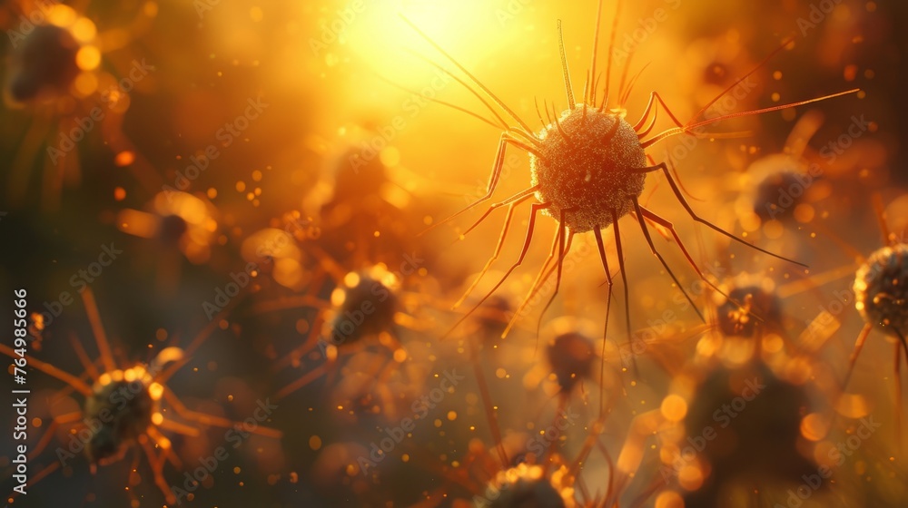 Poster digital illustration of multiple virus particles floating in an atmospheric backdrop, with a focus o