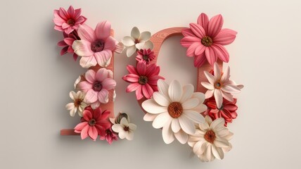 a vibrant flat lay composition featuring colorful flowers, leaves, and the number ten arranged in a layout, captured from a top-view perspective for an eye-catching display.