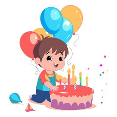 Cute Little Boy Celebrating Birthday with Cake and Balloons