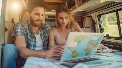 a couple of travelers planning their trip route inside a caravan, immersed in reading a paper map and jotting down notes in a notebook.