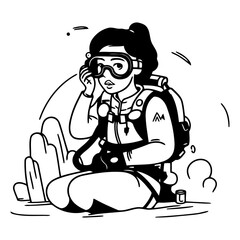 Vector illustration of scuba diver girl sitting on the beach and talking on the phone.