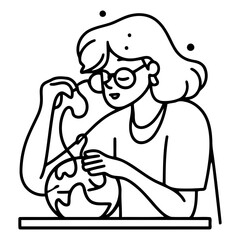 Vector illustration of a woman in glasses and a yellow T-shirt is engaged in the creation of ceramic products.