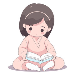 Illustration of a cute little girl reading a book on a white background