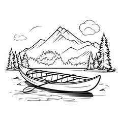 Boat on the lake. mountain and forest.