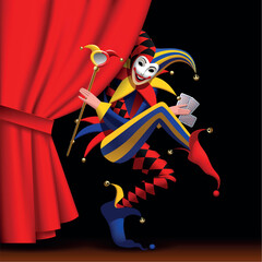 Dancing and smiling colorful funny Joker with playing cards peering out from behind the red curtain on black background. Vector illustration