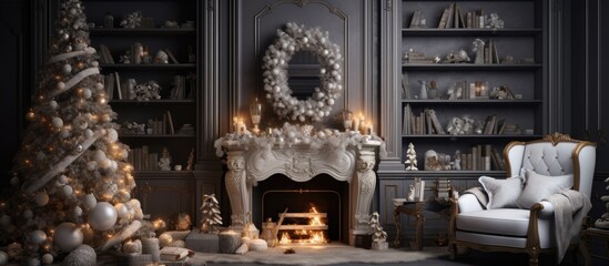 Fototapeta premium A beautifully decorated Christmas tree stands in a warm living room with a cozy fireplace, creating a festive and inviting atmosphere