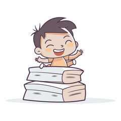 Cute little boy on pile of books. Cartoon vector illustration.