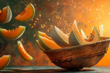 Fresh Sliced Cantaloupe Melon in Wooden Bowl with Dynamic Splash and Drops on Warm Background