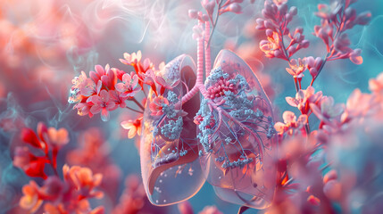 Pastel flora anatomy lung for World Tuberculosis Day. Concept of quitting smoking and renewing health in springtime. - obrazy, fototapety, plakaty