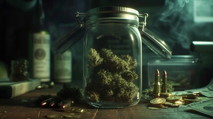 dried cannabis buds with gun bullet cash money on table