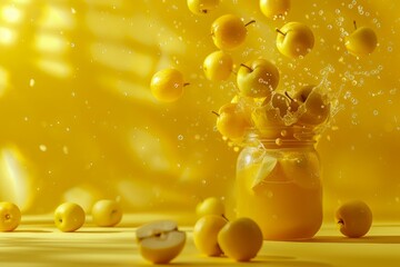 Vibrant Yellow Lemons Splashing Into Fresh Lemonade Jar on Sunny Background with Fruit Droplets